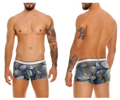 Men’s boxer briefs unico 24100100113 resplandecer trunks in blue gray green leaf pattern on navy with white waistband