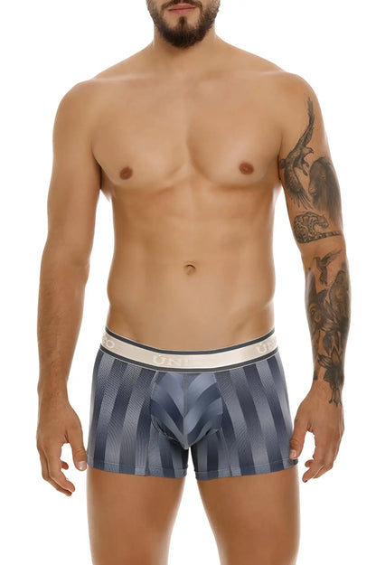 Blue and gray striped Unico Ejes trunks boxer briefs with white elastic waistband featuring the brand name