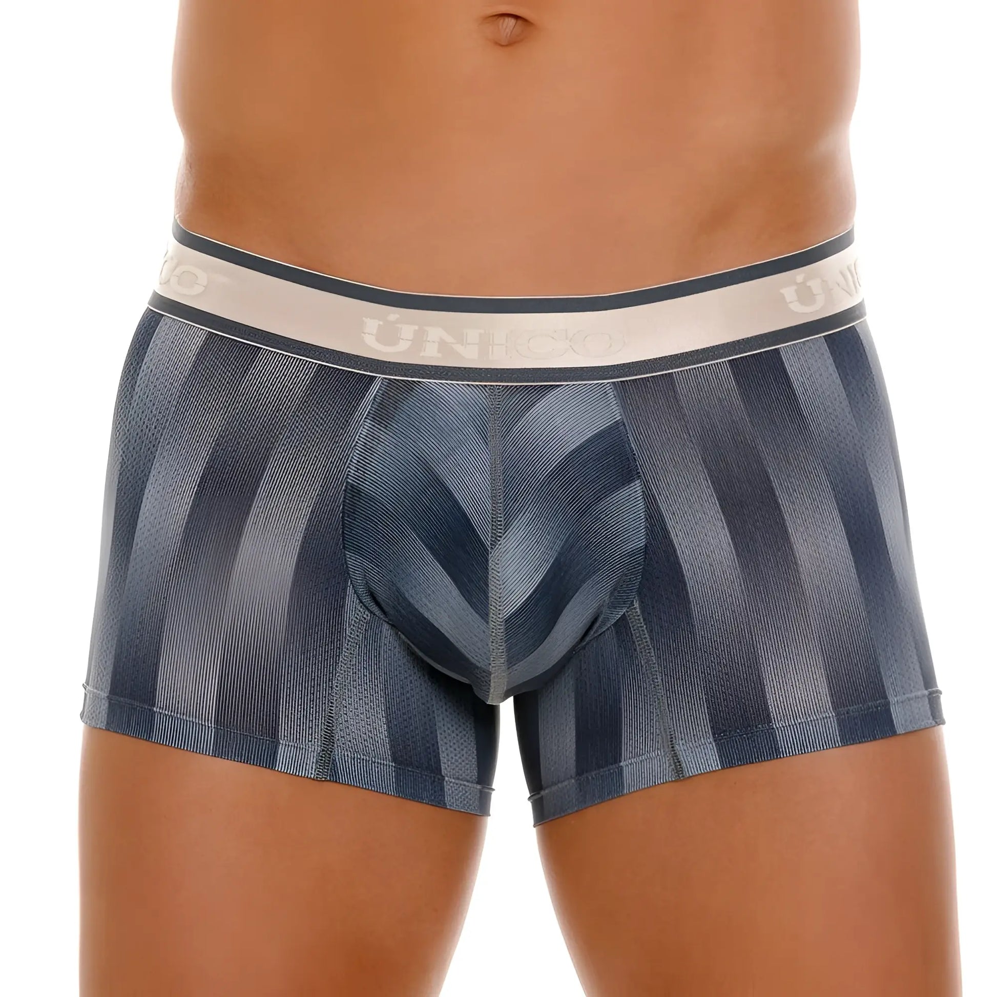 Blue and gray striped men’s boxer briefs with a white unico waistband in the unico 24100100114 ejes trunks gray color