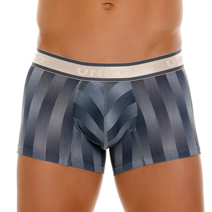 Blue and gray striped men’s boxer briefs with a white unico waistband in the unico 24100100114 ejes trunks gray color