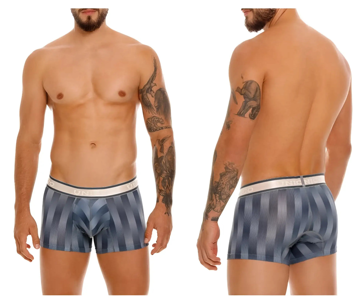 Unico 24100100114 Ejes trunks blue and white striped men’s boxer briefs with solid white waistband in gray color 59