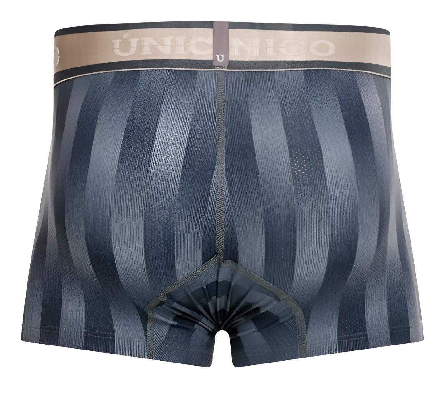 Dark blue striped boxer briefs with beige waistband featuring the único brand name from unicos ejes trunks gray collection