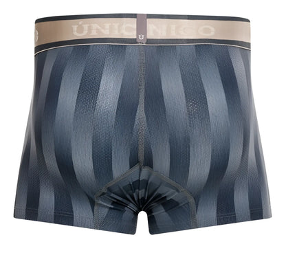 Dark blue striped boxer briefs with beige waistband featuring the único brand name from unicos ejes trunks gray collection
