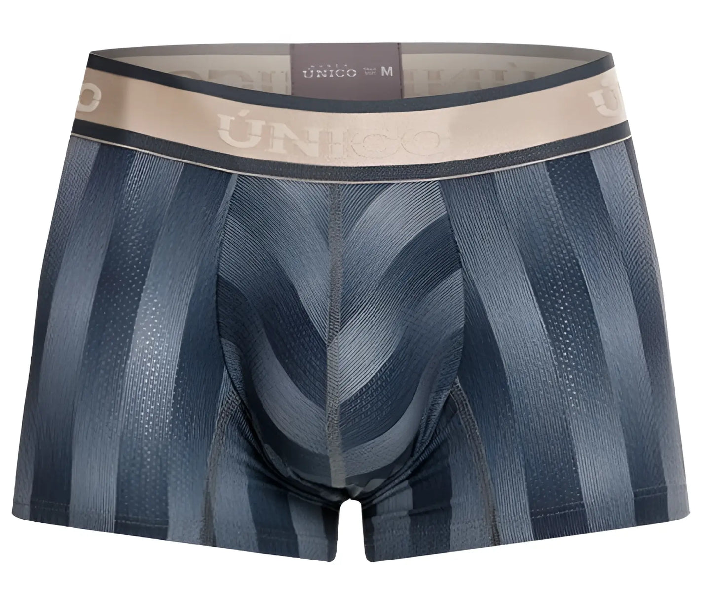 Men’s unico 24100100114 ejes trunks in blue striped briefs with textured pattern and unico logo on waistband