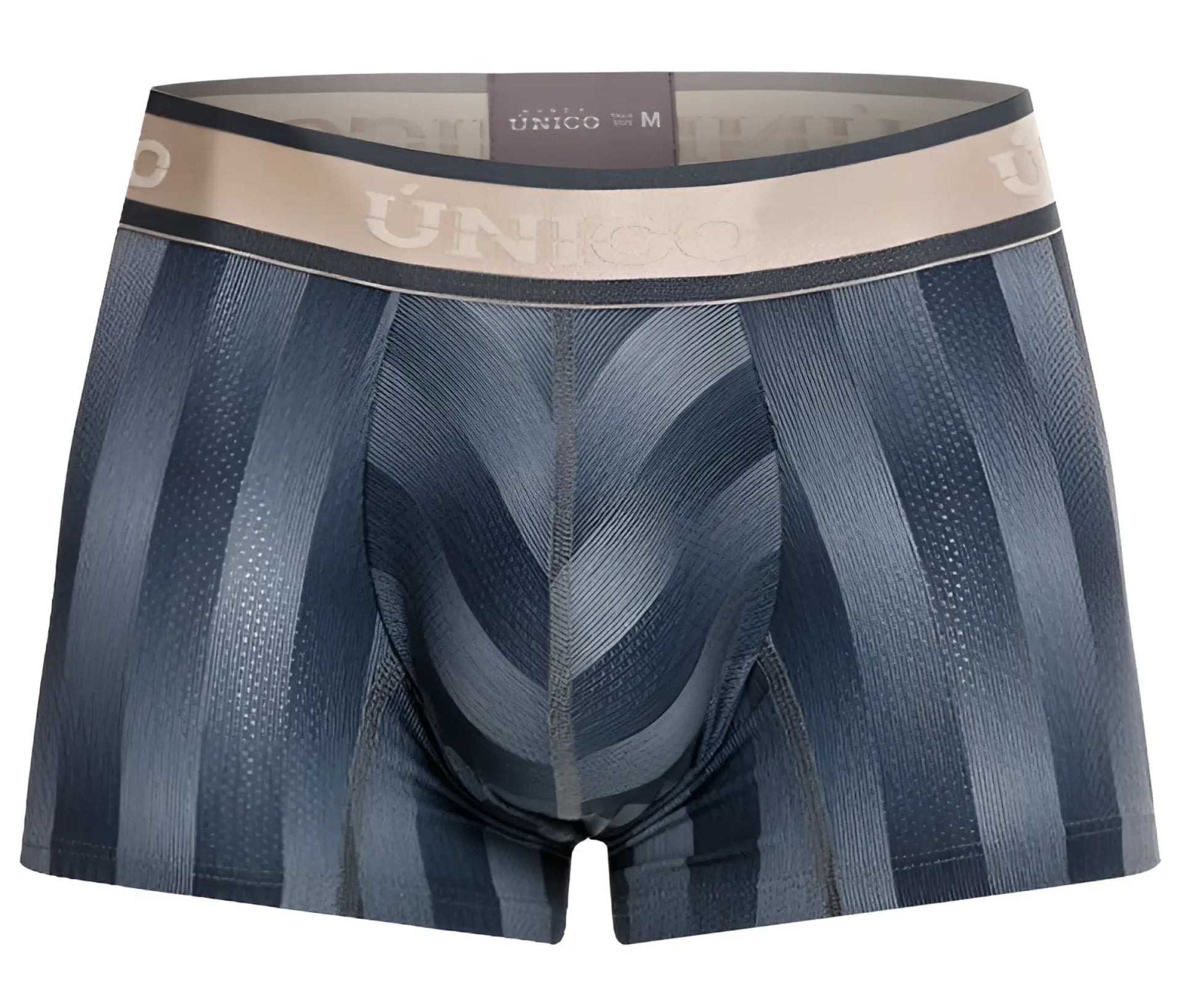 Men’s unico 24100100114 ejes trunks in blue striped briefs with textured pattern and unico logo on waistband