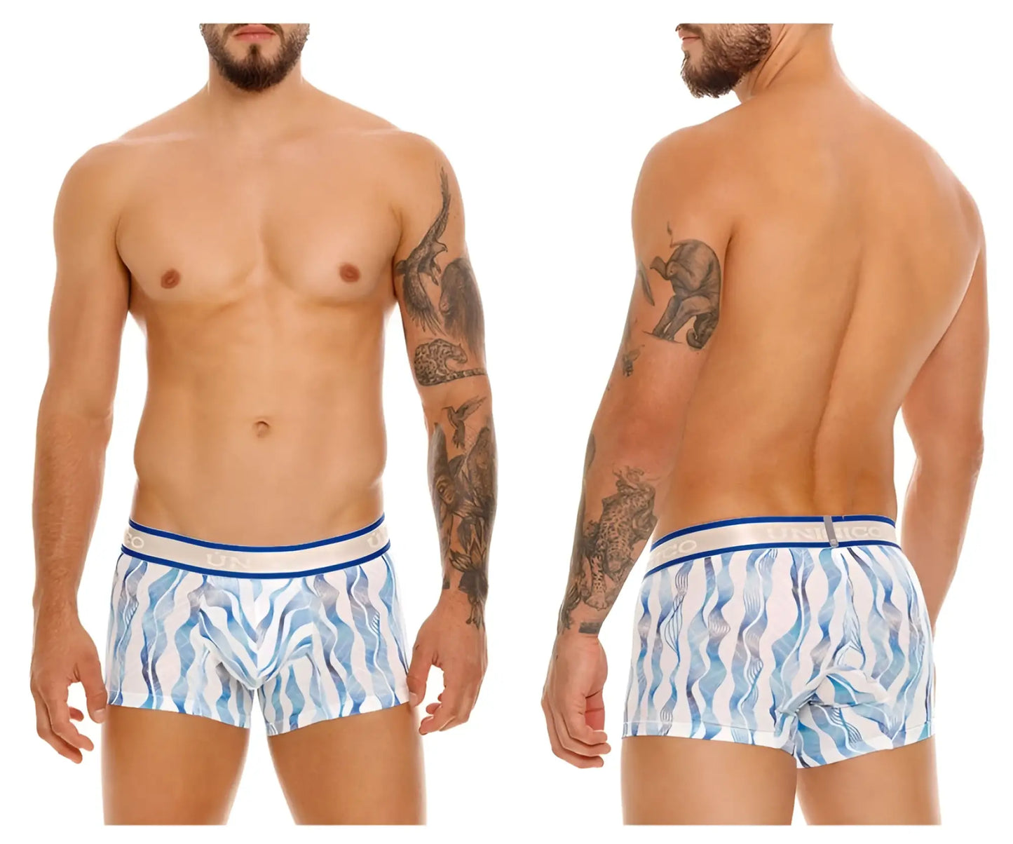 Unico 24100100116 Pomposo trunks are blue and white patterned men’s boxer briefs with a wavy design