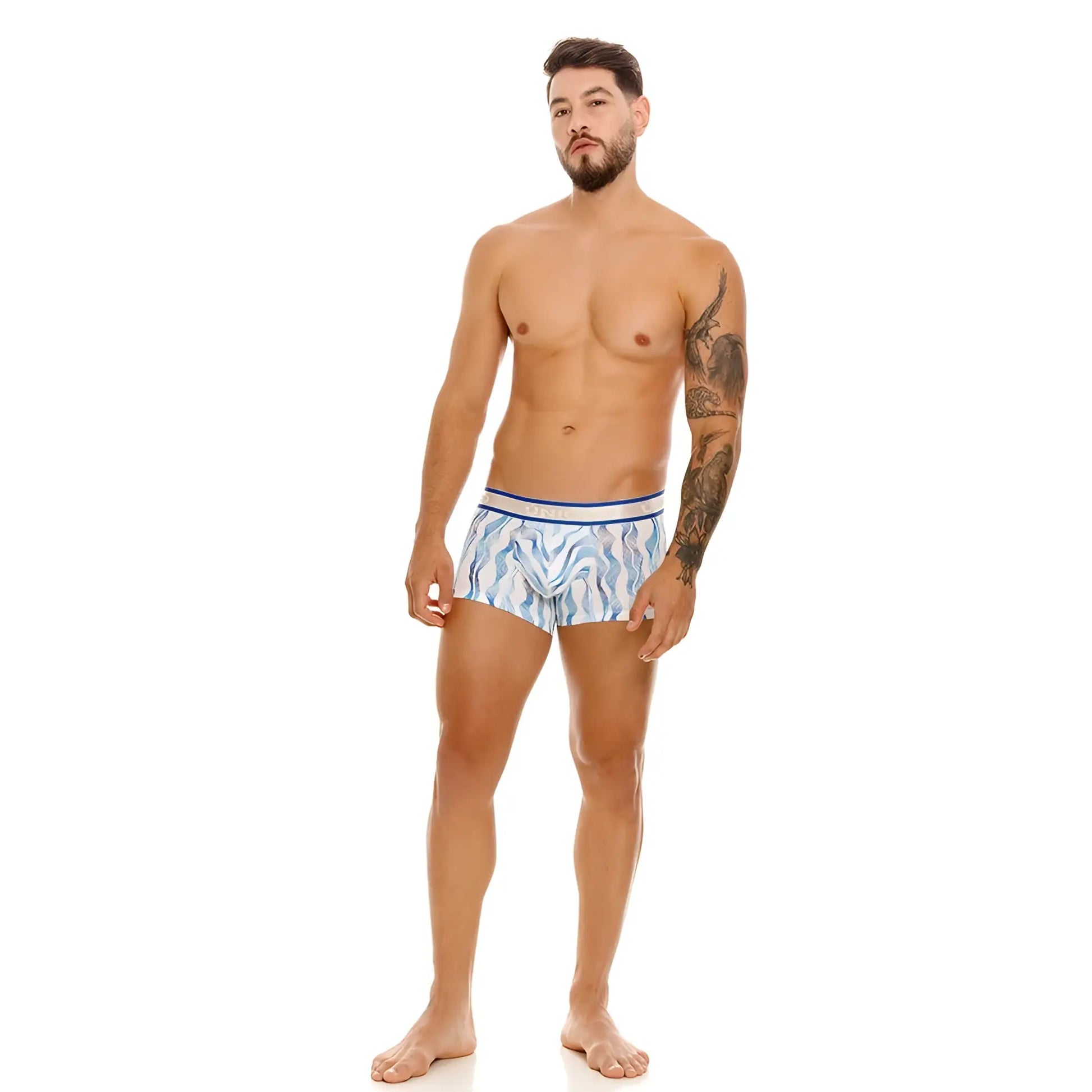 Unico Pomposo trunks in white with blue modern pattern swim trunks designed for stylish beachwear