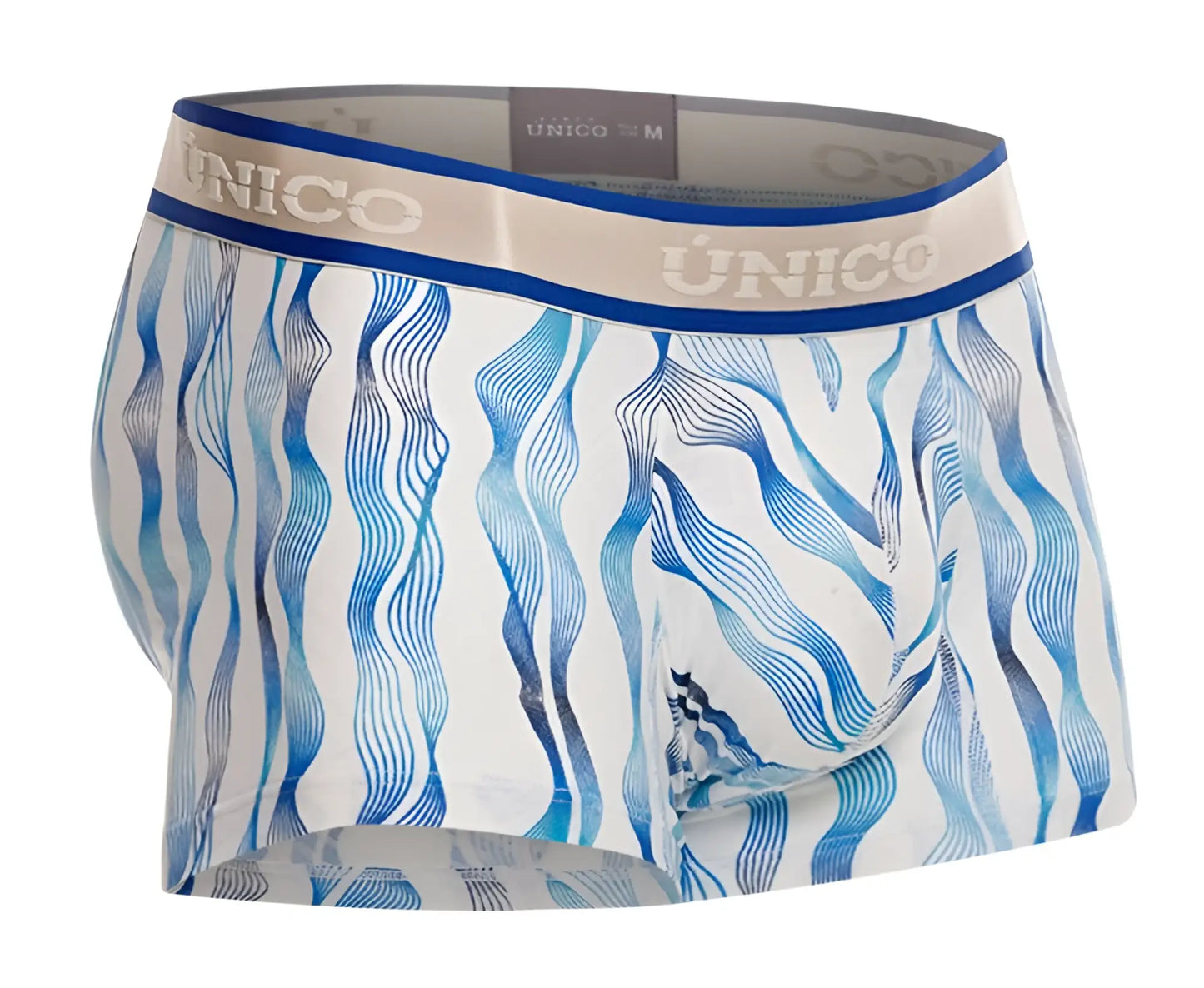Unico 24100100116 Pomposo trunks men’s boxer briefs with white and blue wavy pattern and beige waistband