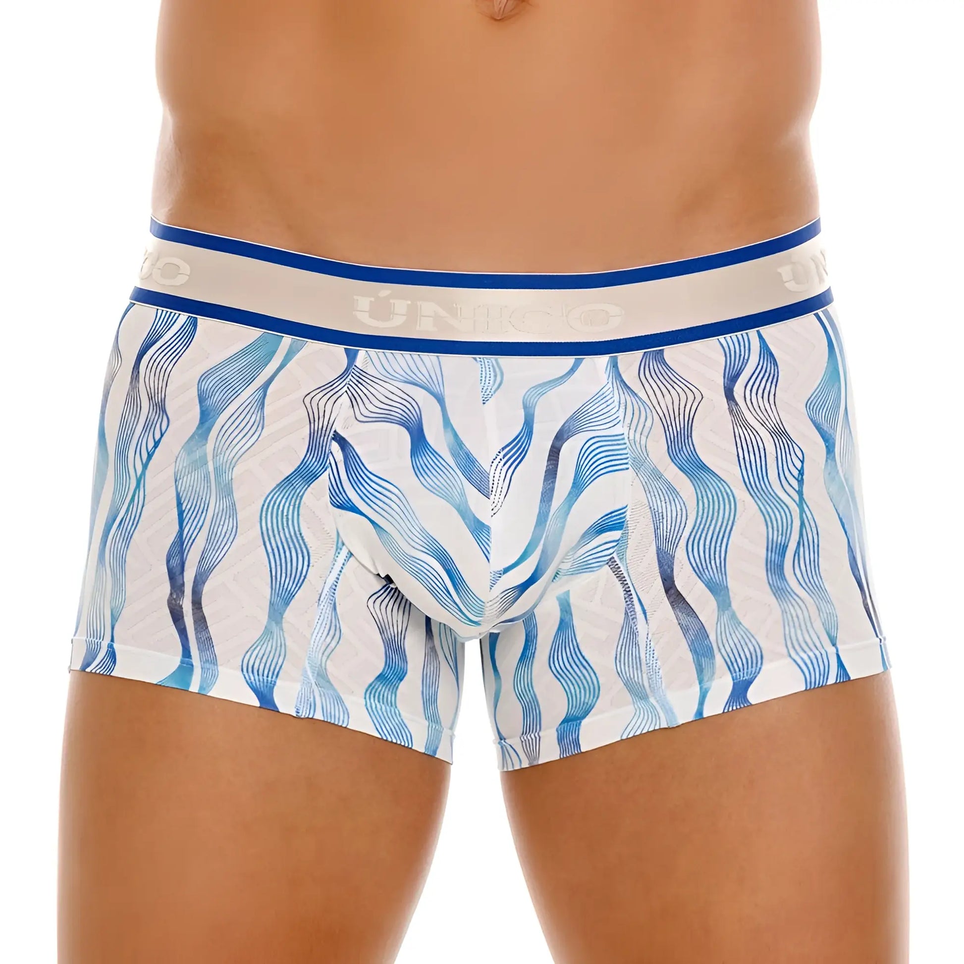White and blue wavy patterned men’s briefs with branded elastic waistband unico 24100100116 pomposo trunks color 46-white