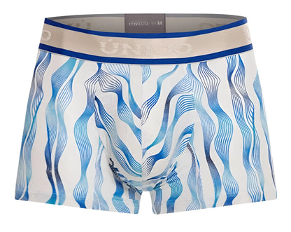 White and blue wavy patterned men’s briefs with a beige unico waistband from Unico 24100100116 Pomposo trunks color 46-white