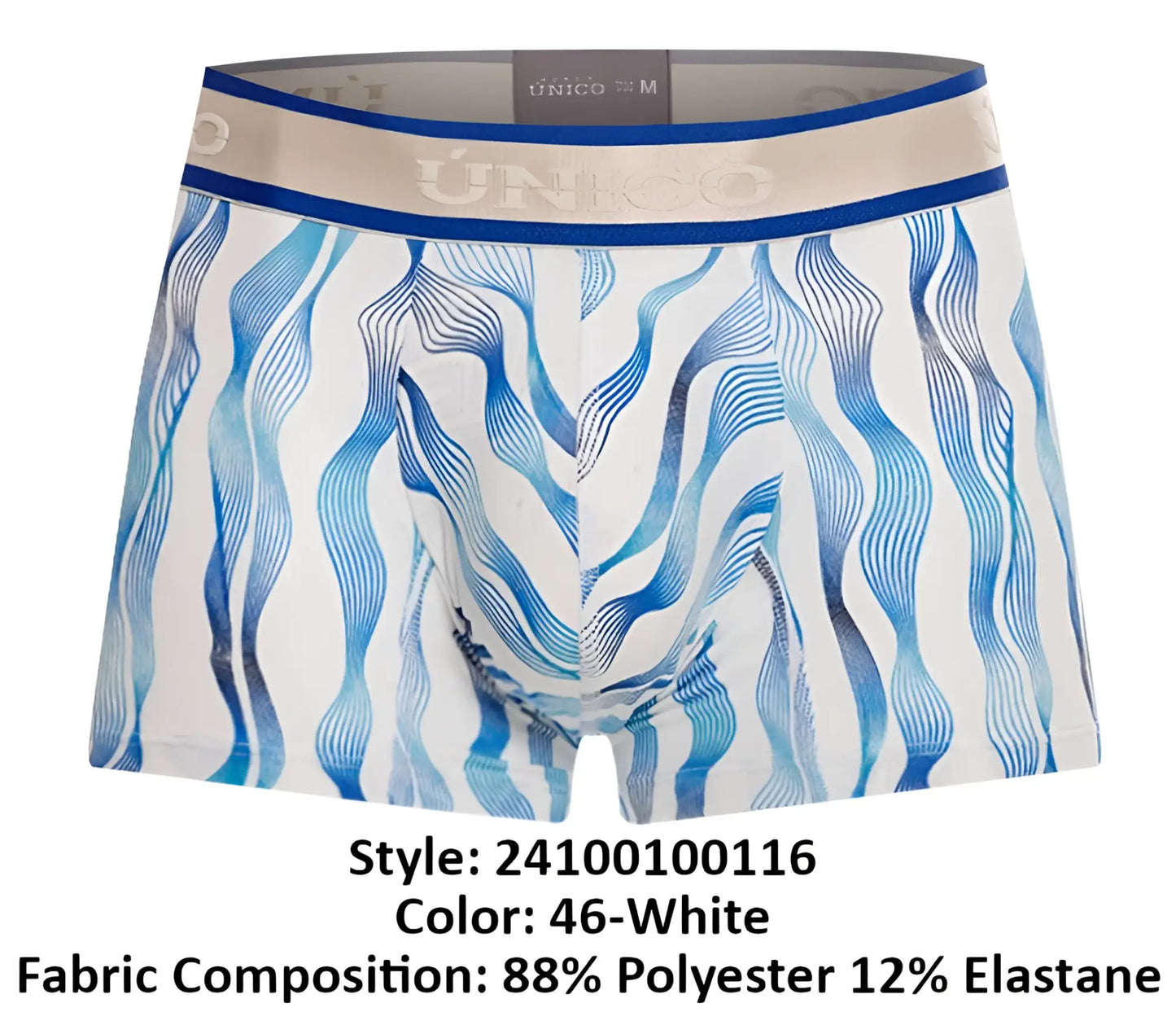 White boxer briefs unico 24100100116 pomposo trunks with blue wavy pattern and beige waistband with silver unico logo