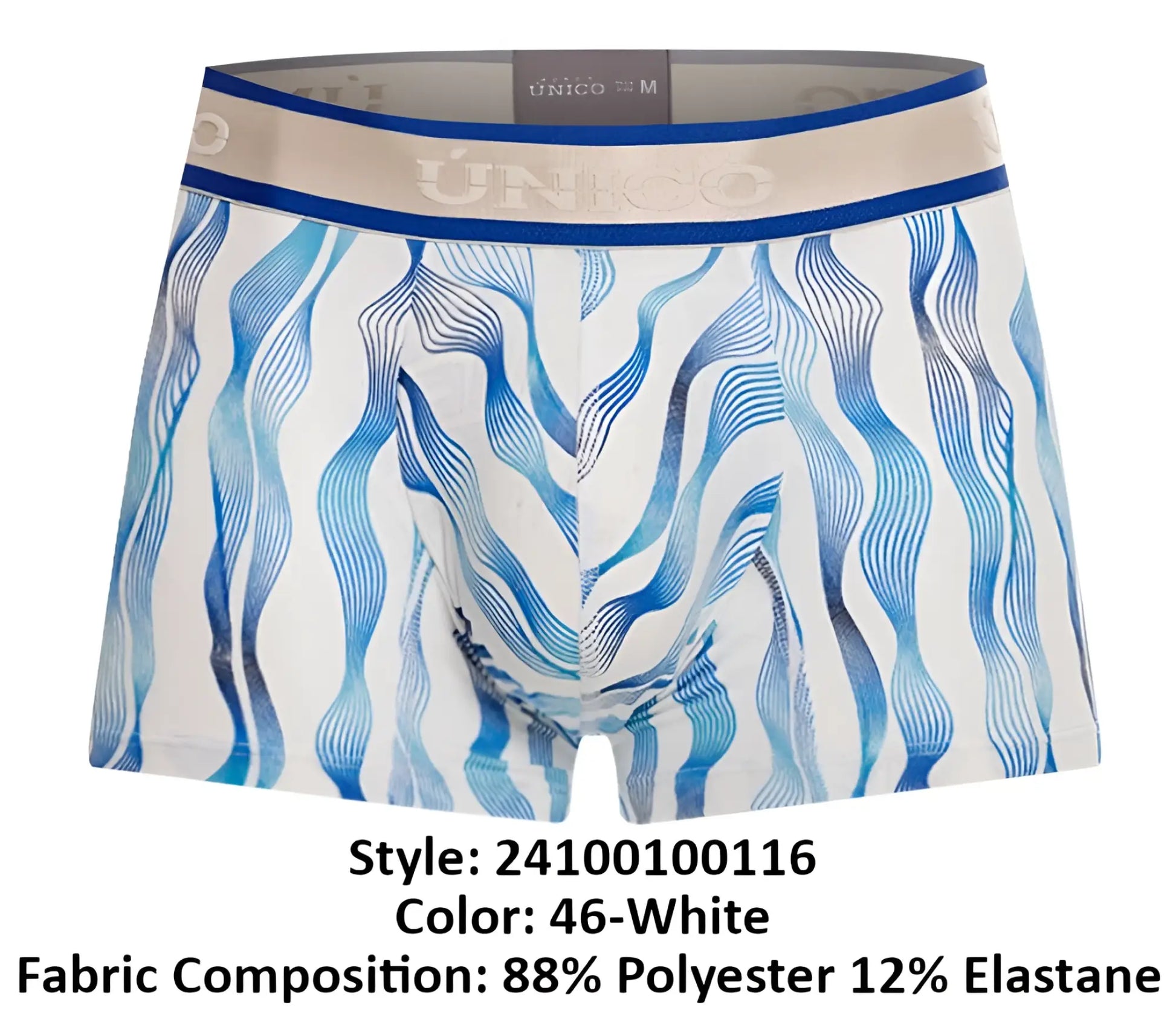 White boxer briefs unico 24100100116 pomposo trunks with blue wavy pattern and beige waistband with silver unico logo
