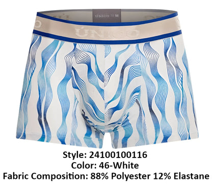 White boxer briefs unico 24100100116 pomposo trunks with blue wavy pattern and beige waistband with silver unico logo
