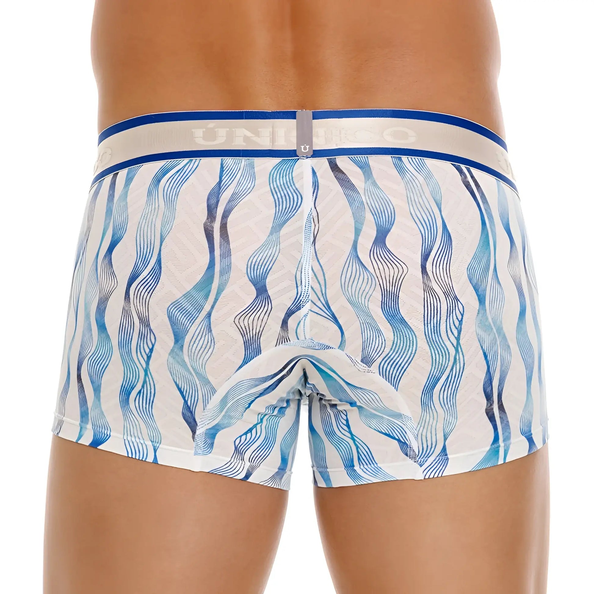 White briefs with wavy blue lines and navy-blue uniko waistband from unico 24100100116 pomposo trunks color 46-white