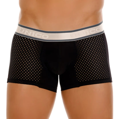 Black unico 24100100126 tamiz trunks with perforated mesh design and gray waistband featuring brand name