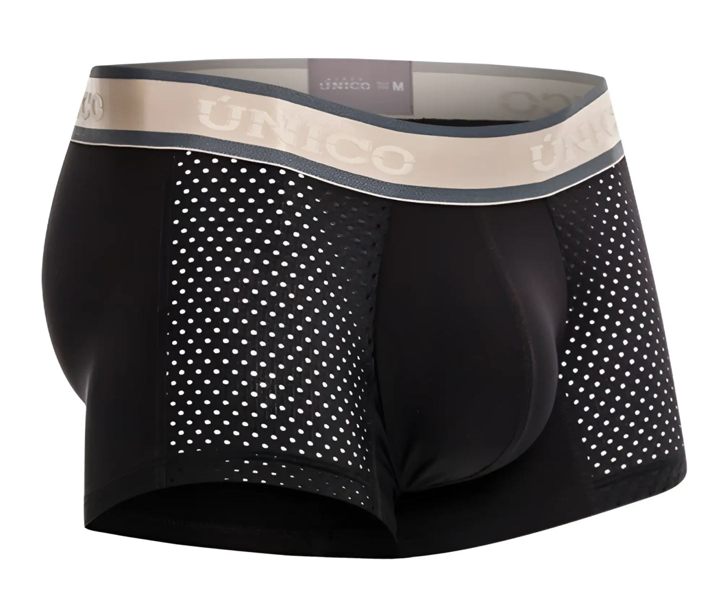 Black unico 24100100126 tamiz trunks boxer briefs with beige gray waistband and white perforated mesh side panels