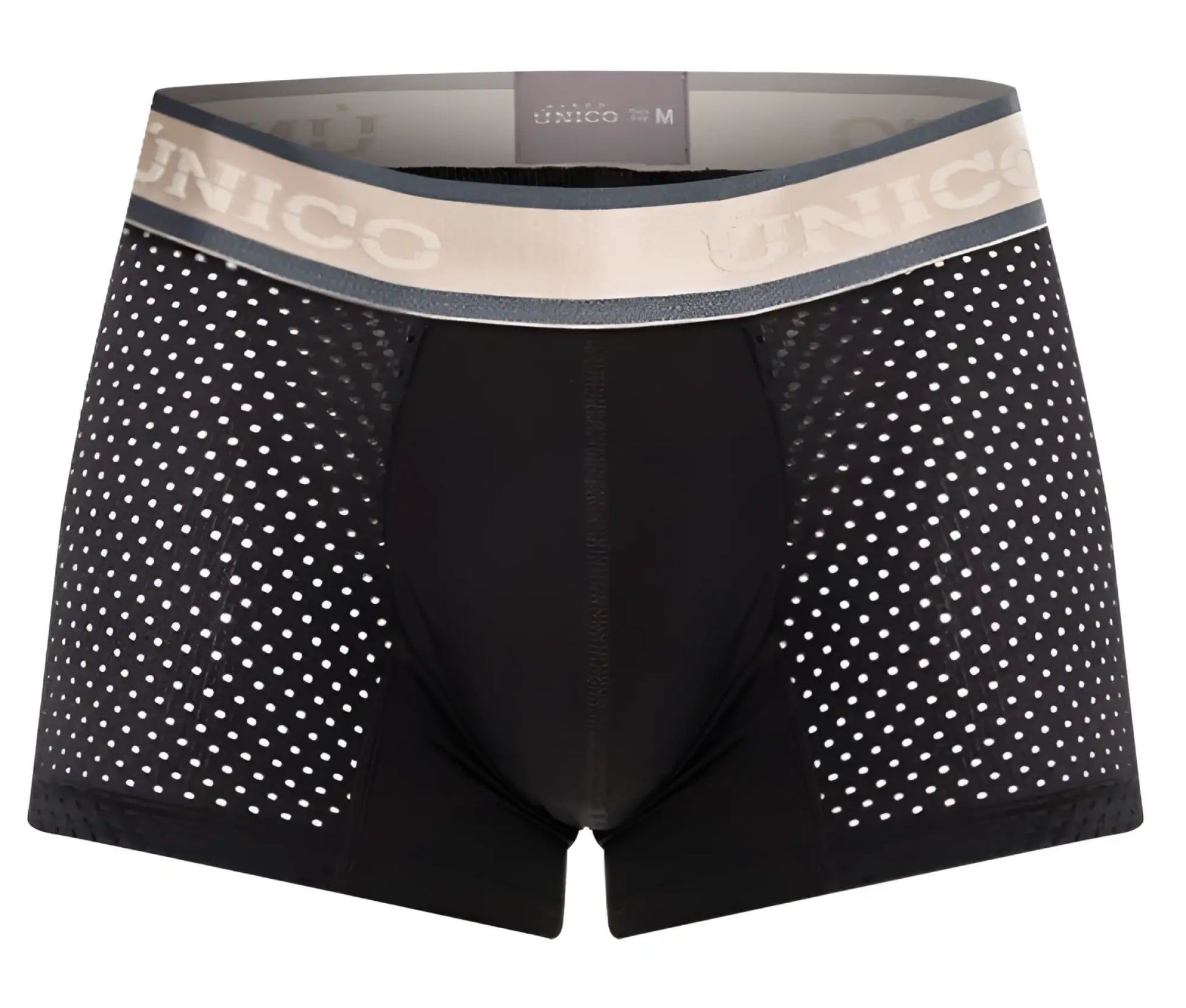 Black unico 24100100126 tamiz trunks boxer briefs with perforated mesh design and beige unico waistband
