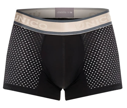 Black unico 24100100126 tamiz trunks boxer briefs with perforated mesh design and beige unico waistband