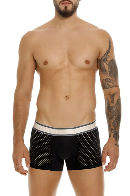 Black mesh unico tamiz trunks with white elastic waistband featuring the unico brand name in color 99-black