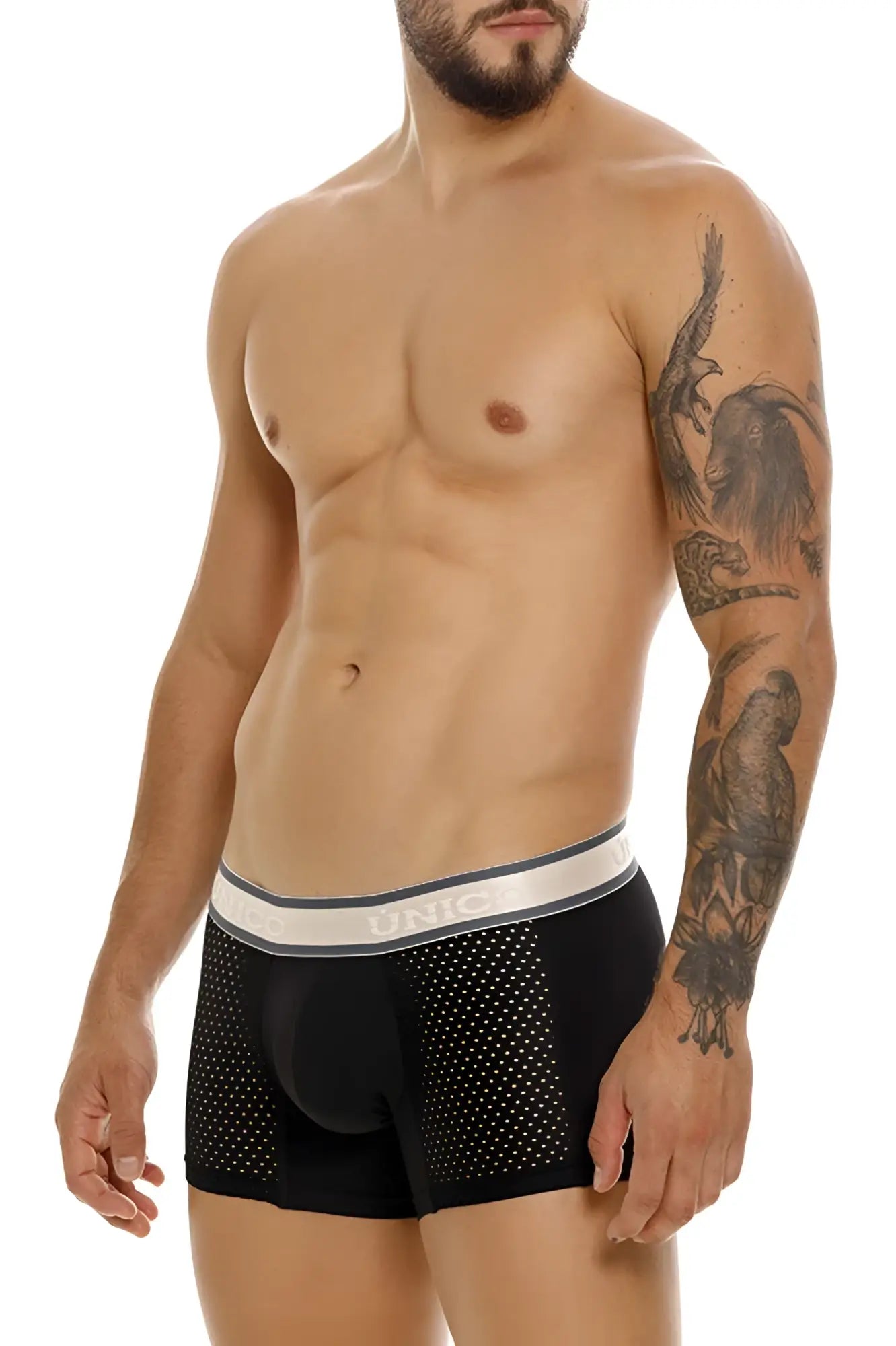 Black mesh Unico 24100100126 Tamiz trunks with white and gray elastic waistband featuring Unic logo in black color