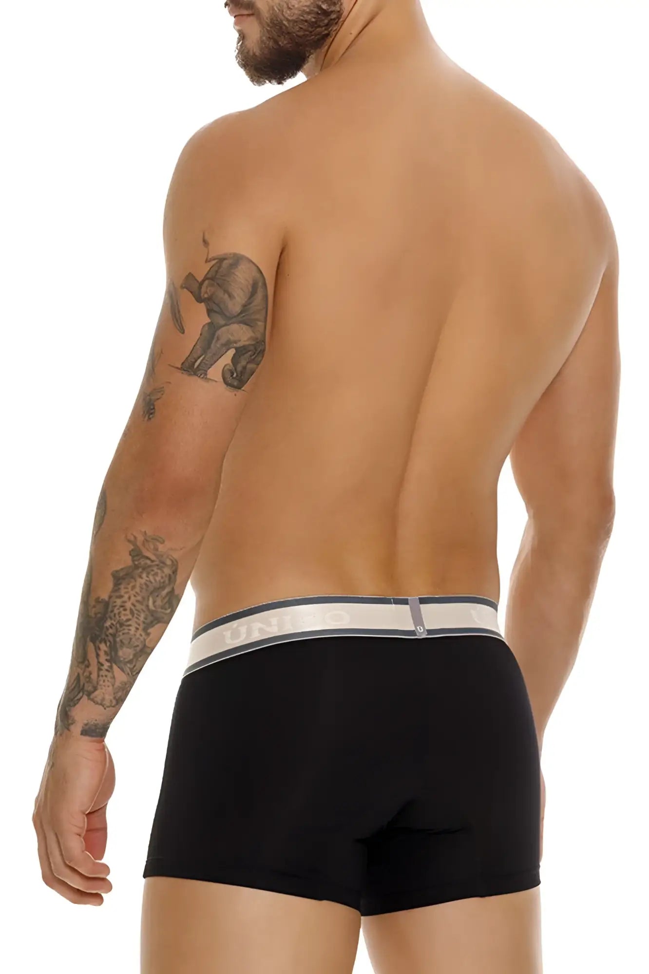 Black Unico 24100100126 Tamiz briefs with white gray elastic waistband featuring Uniqlo branding in black lettering