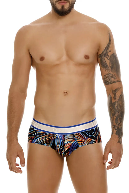 Colorful abstract patterned blanco briefs with white waistband blue trim and unico brand name in black color 99 black