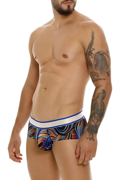 Men’s unico 24100101104 calamo briefs with vibrant blue orange black wave pattern and white nico waistband