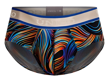 Unico 24100101104 calamo briefs in black with vibrant neon blue orange and purple swirl patterns and beige waistband