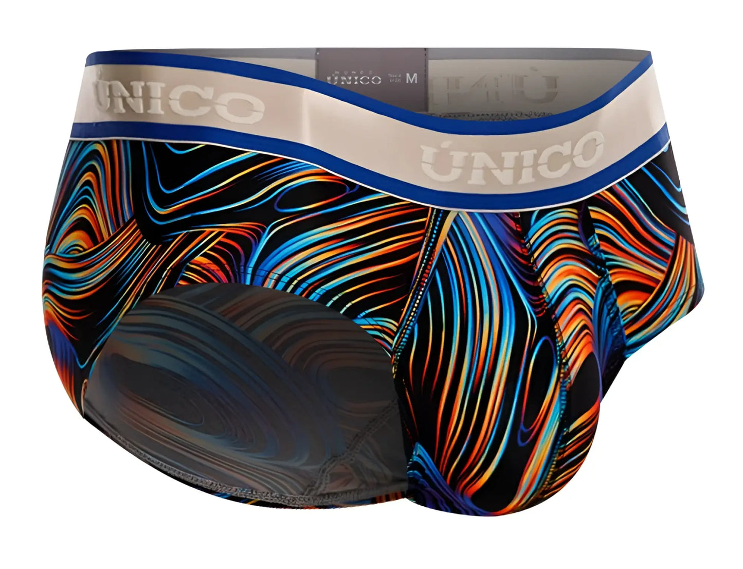 Unico 24100101104 calamo briefs in black feature vibrant orange blue abstract wave pattern with white waistband branding