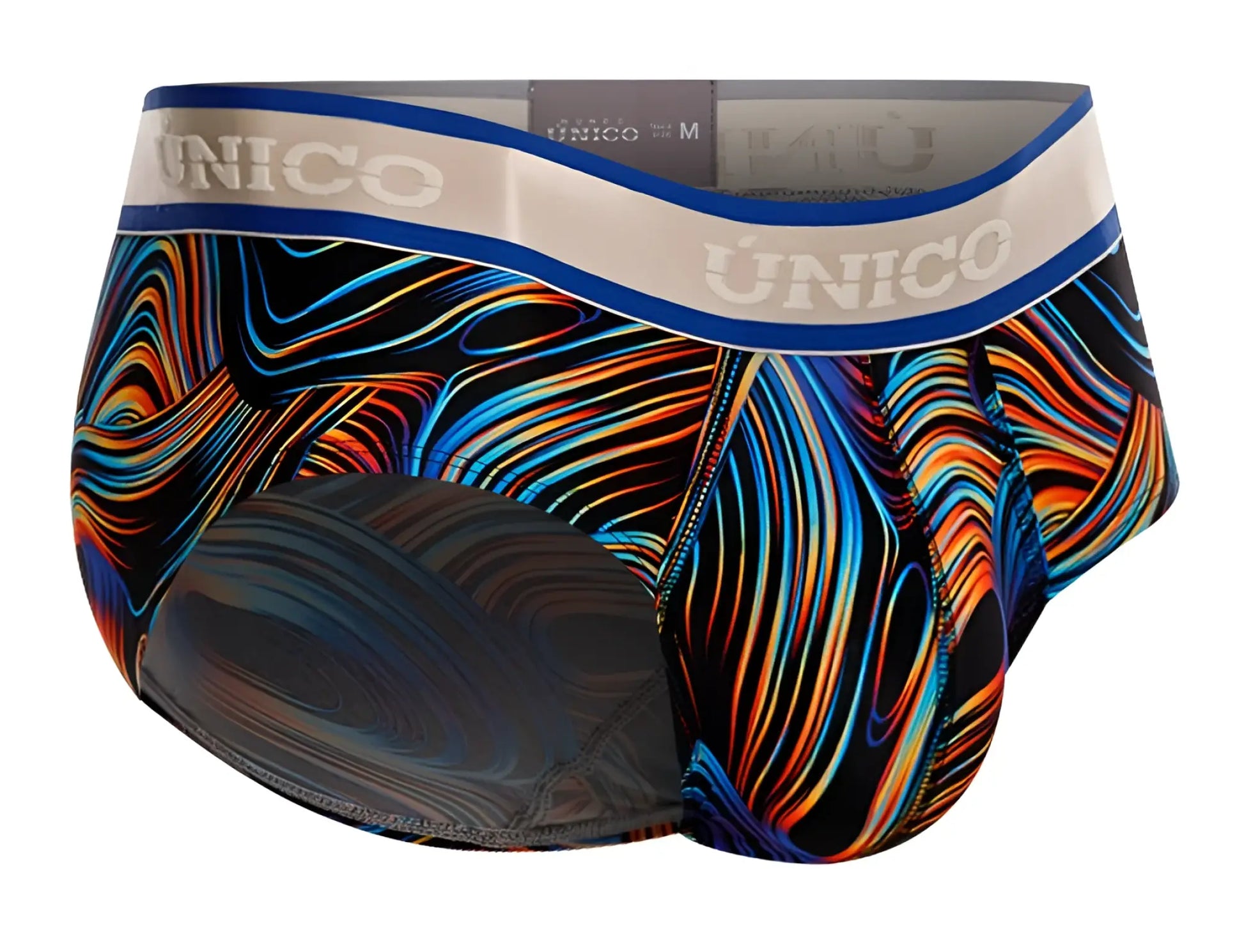 Unico 24100101104 calamo briefs in black feature vibrant orange blue abstract wave pattern with white waistband branding
