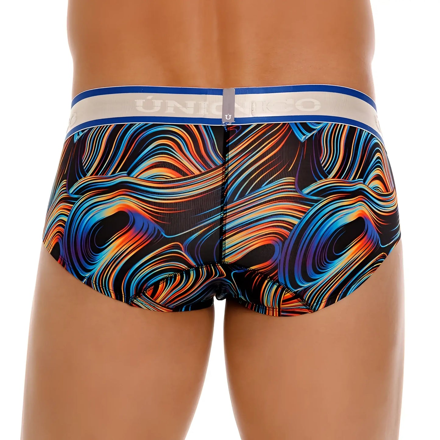 Unico 24100101104 calamo briefs with vibrant union jack wave pattern in blue orange purple and white waistband