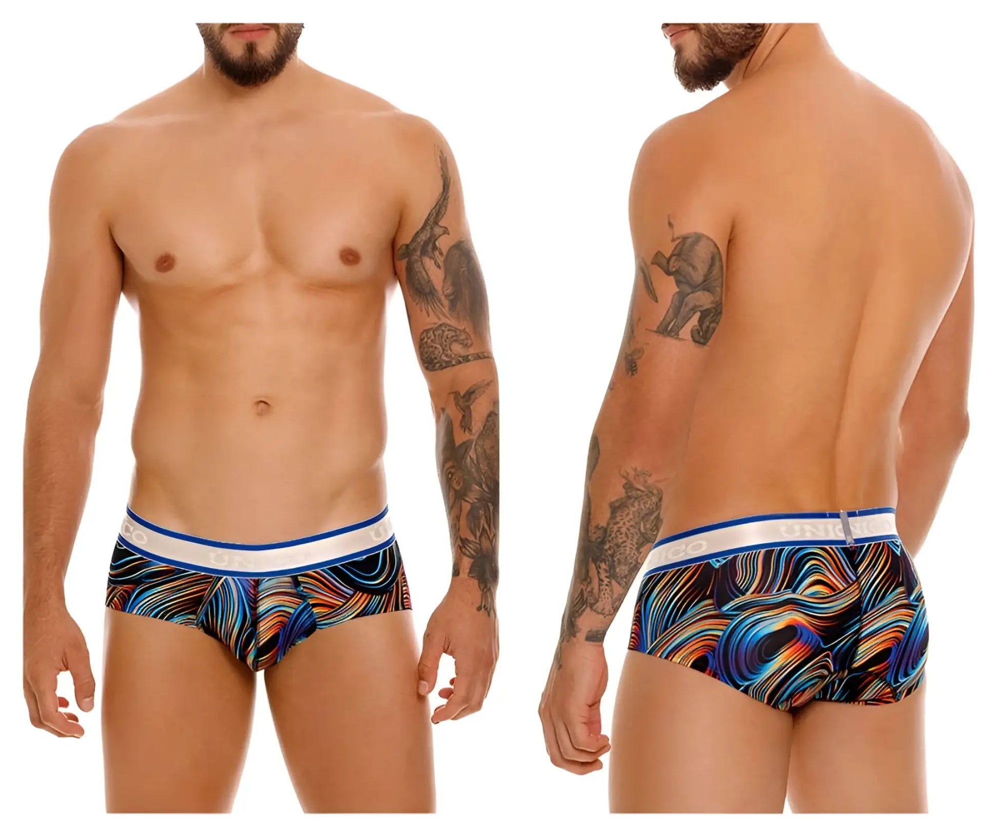 Unico 24100101104 calamo briefs multicolored abstract wave pattern with white and blue elastic waistband black color