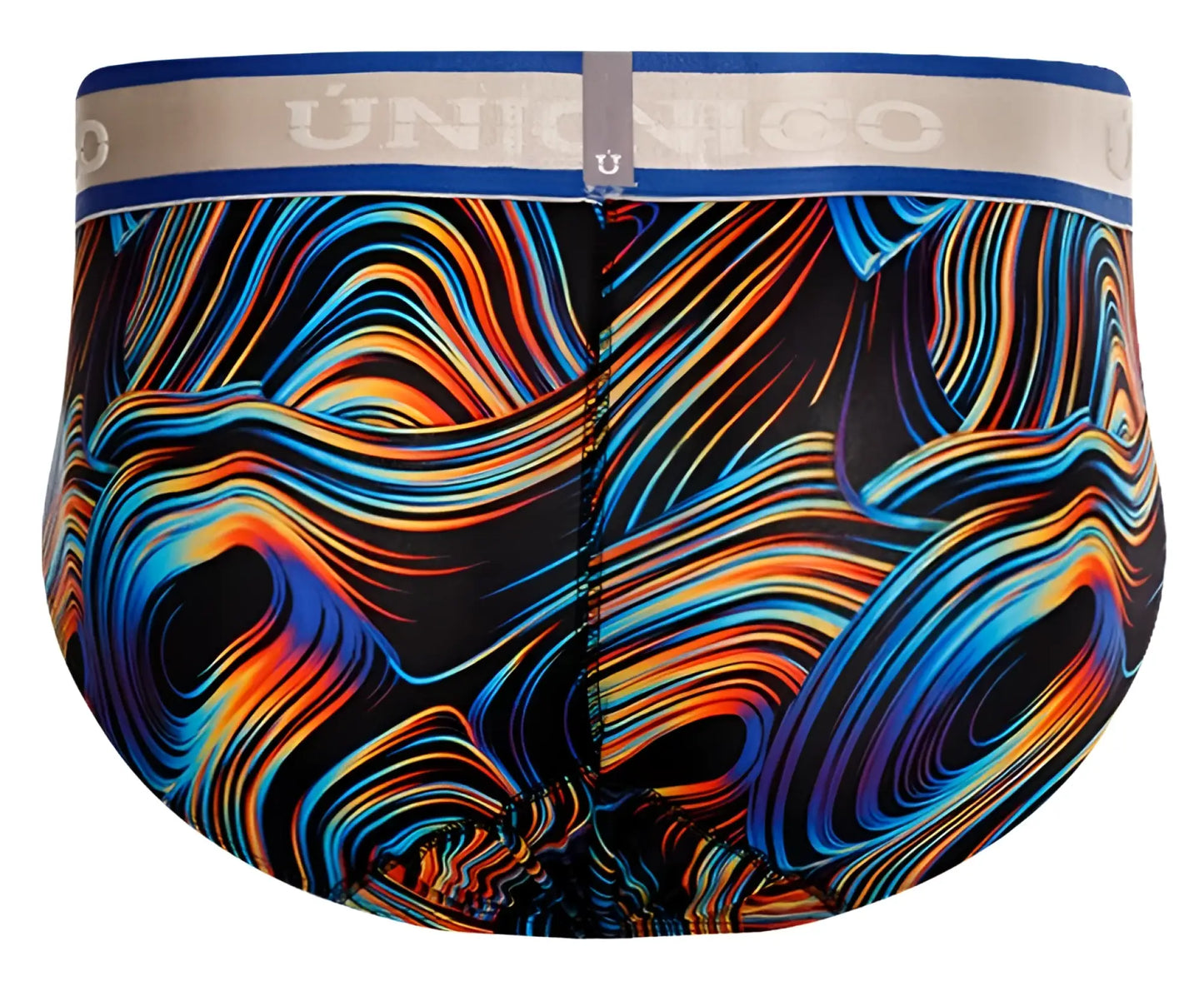 Unico 24100101104 calamo briefs in psychedelic blue orange and red swirl pattern on black with gray waistband