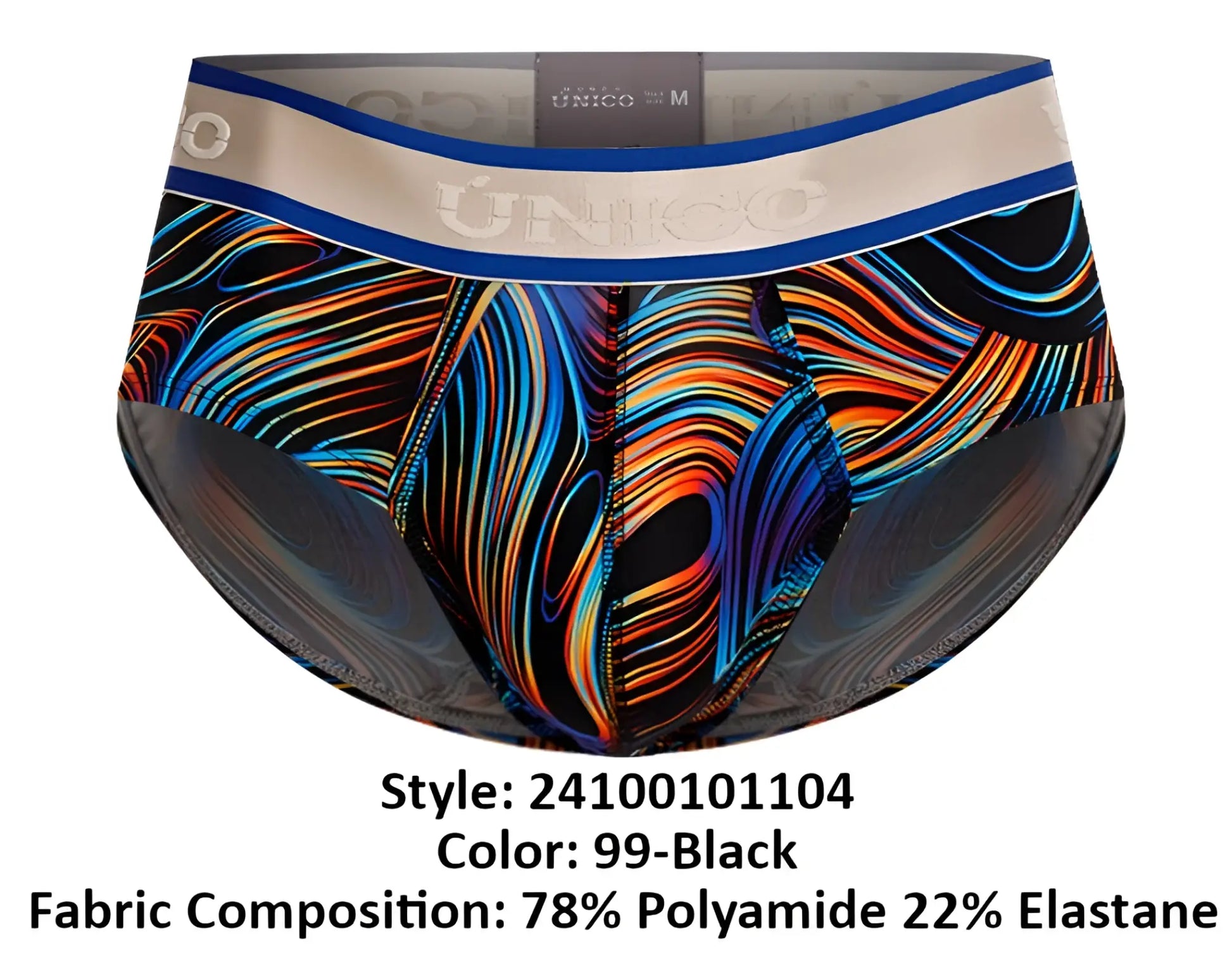 Unico 24100101104 calamo briefs men’s black vibrant psychedelic swirl pattern with blue and beige waistband