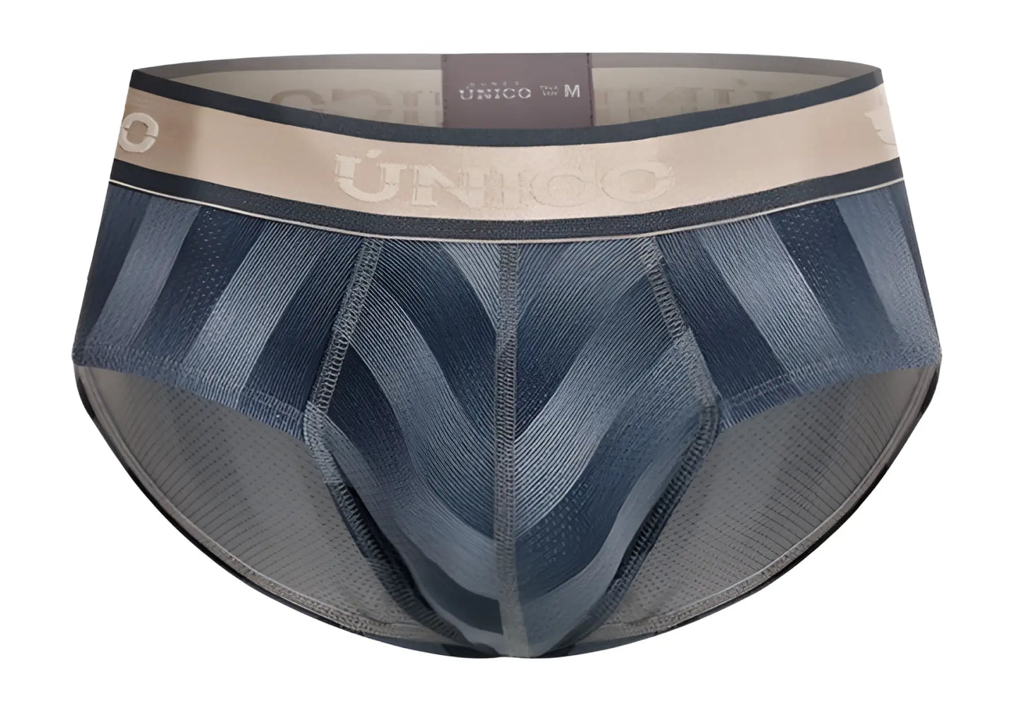Unico 24100101114 ejes briefs with blue and gray pattern and beige waistband featuring the brand logo