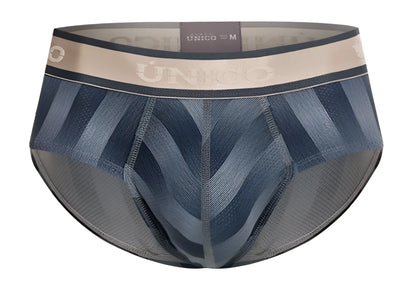 Unico 24100101114 ejes briefs with blue and gray pattern and beige waistband featuring the brand logo