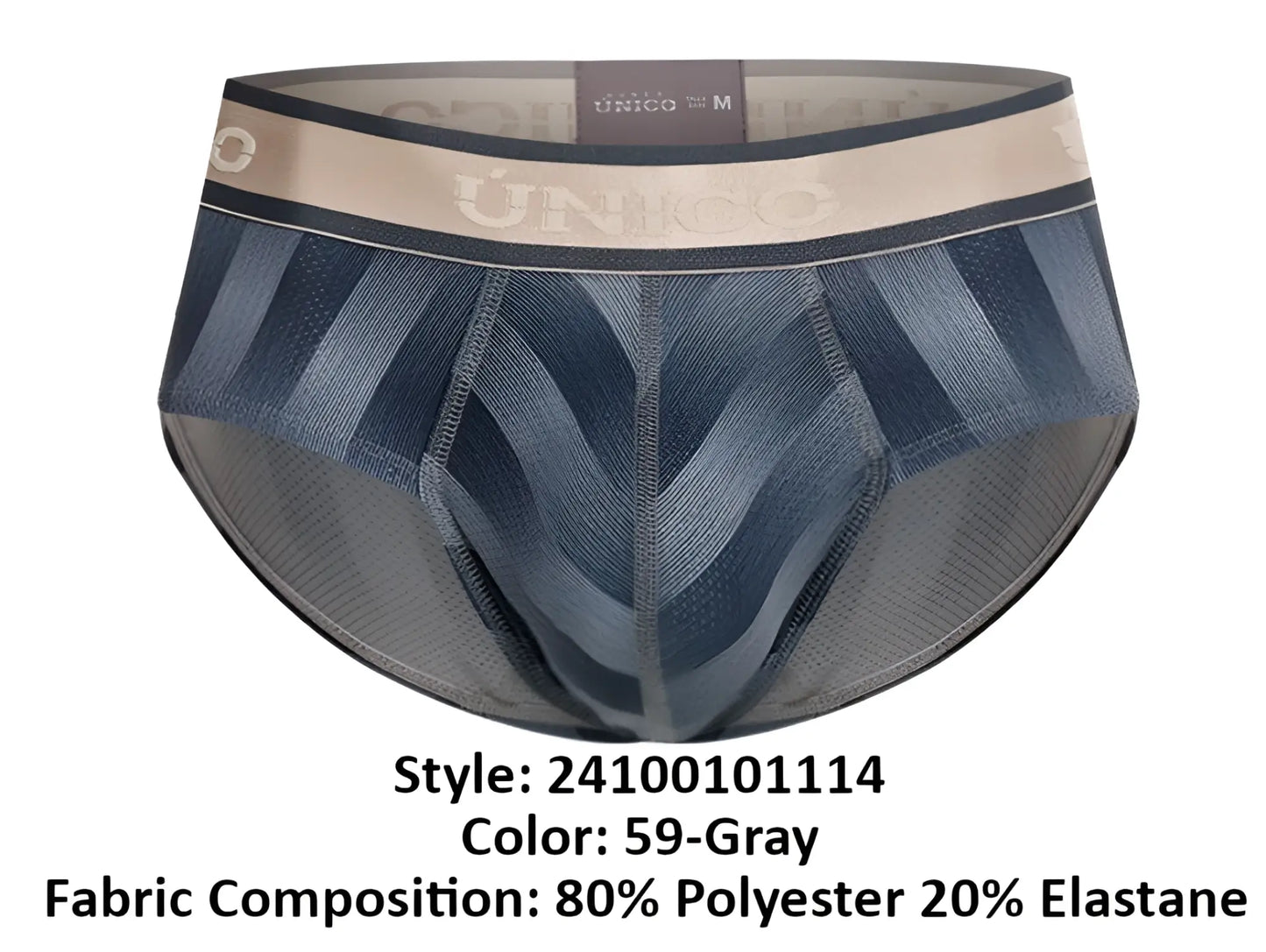 Blue and gray patterned unico 24100101114 ejes briefs with beige waistband and brand logo in gray color