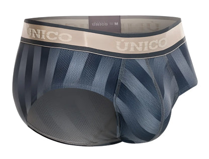Blue striped men’s briefs with beige unico waistband in gray color from unico 24100101114 ejes briefs collection