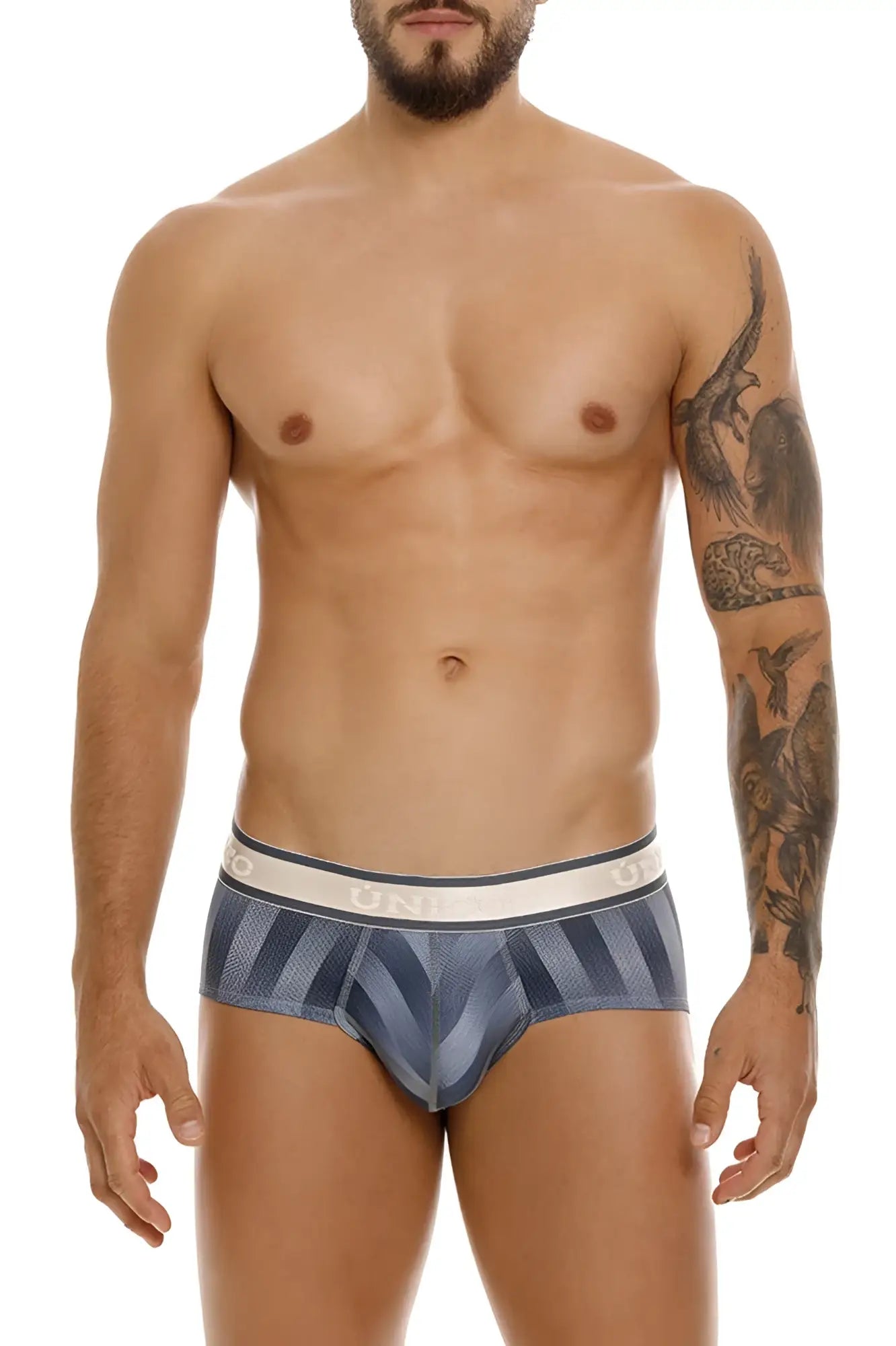Blue and gray striped men’s briefs with white elastic waistband and unico logo in gray color 59
