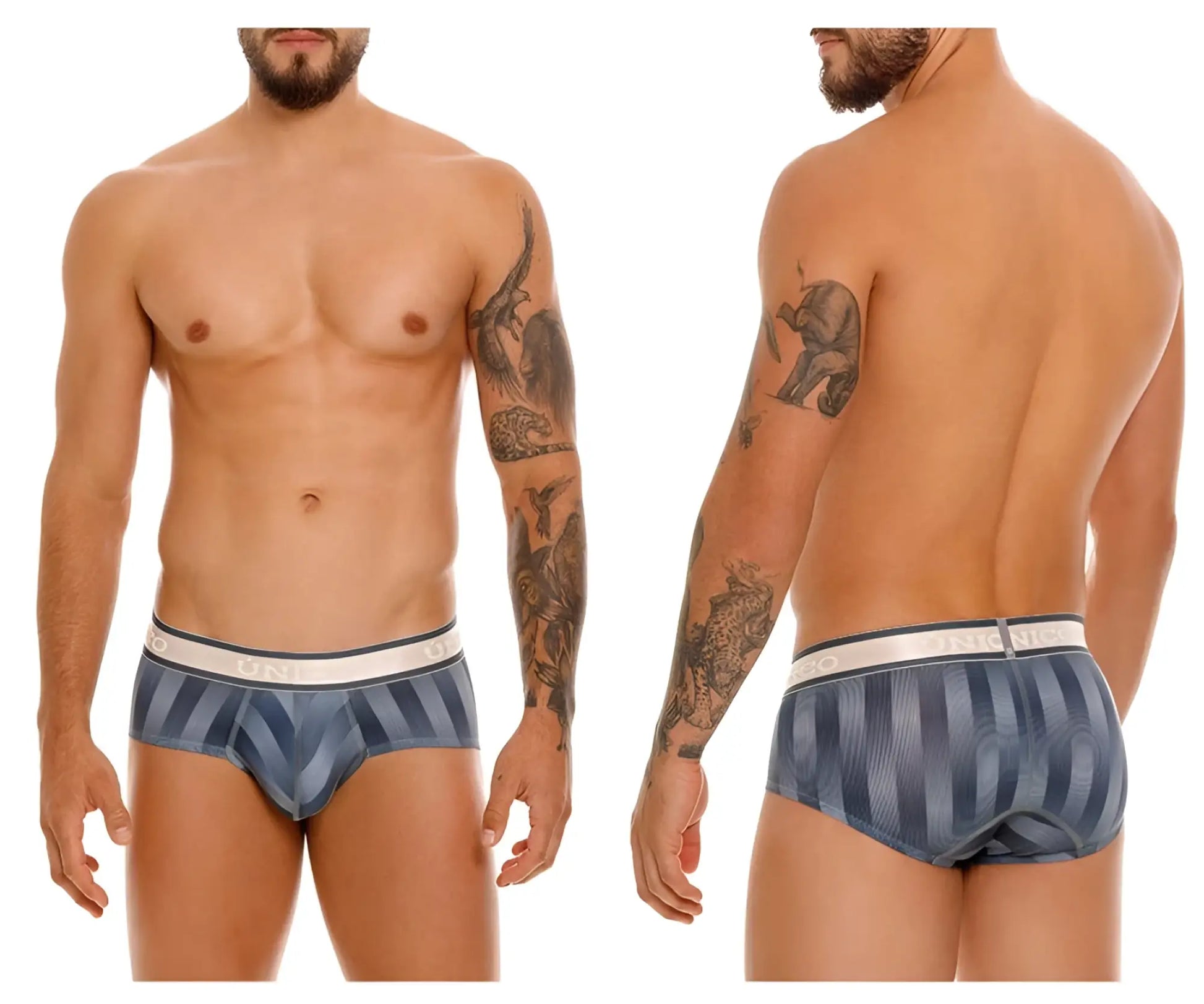 Blue and gray striped men’s briefs with white elastic waistband from unico 24100101114 ejes briefs color 59-gray
