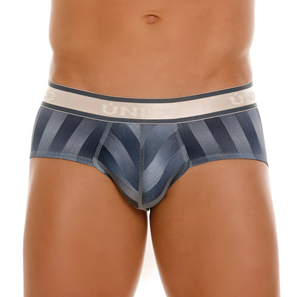 Unico 24100101114 ejes briefs featuring blue and gray stripes with a white uniqlo waistband in color 59 gray