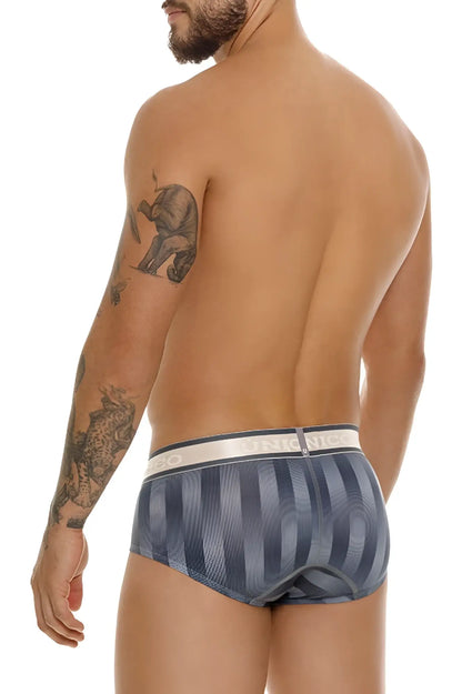 Blue and gray striped men’s briefs with white waistband featuring unicos brand name color 59 gray