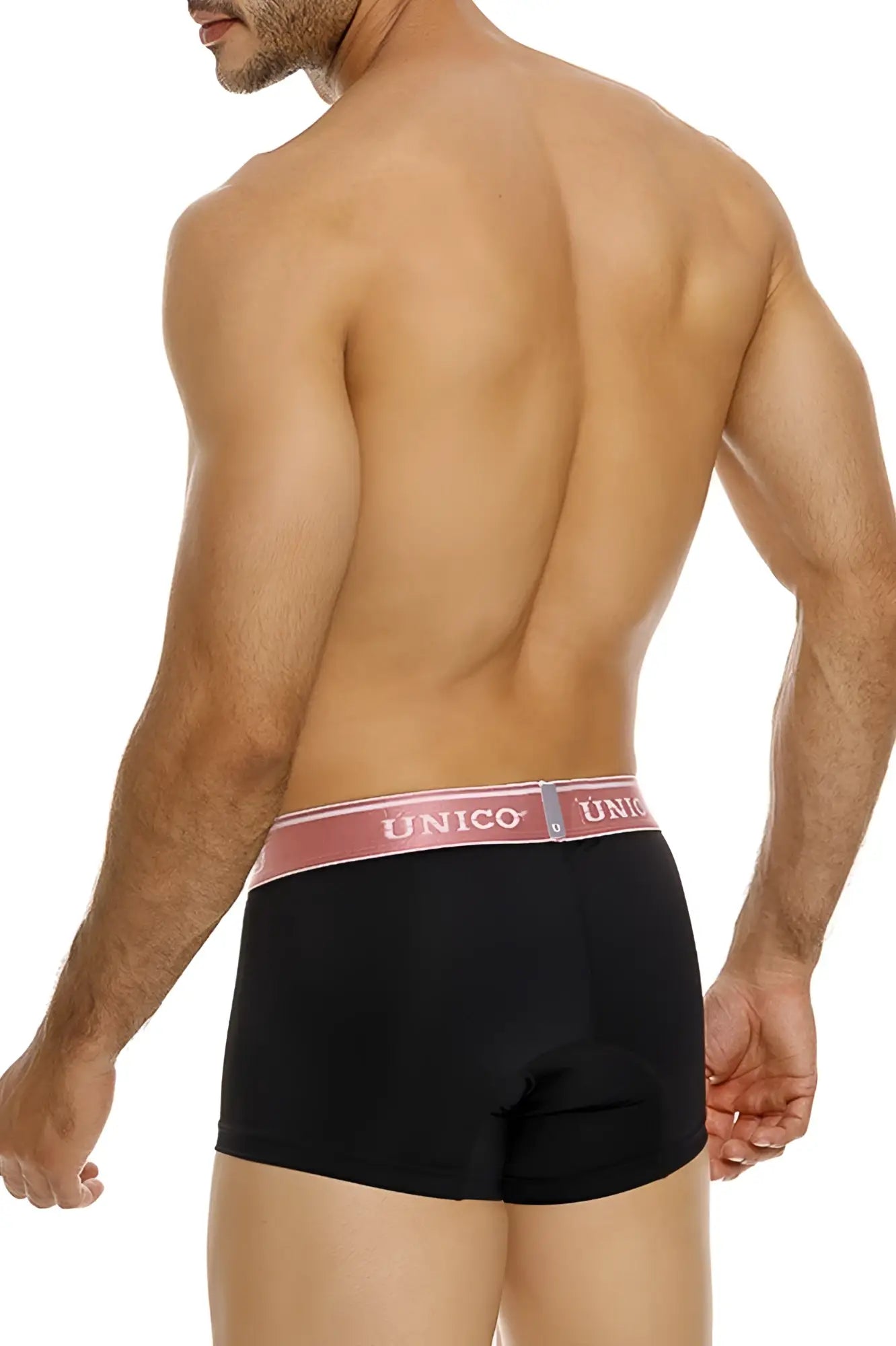 Black unico boxer briefs with pink waistband and white brand name designed for comfortable everyday wear