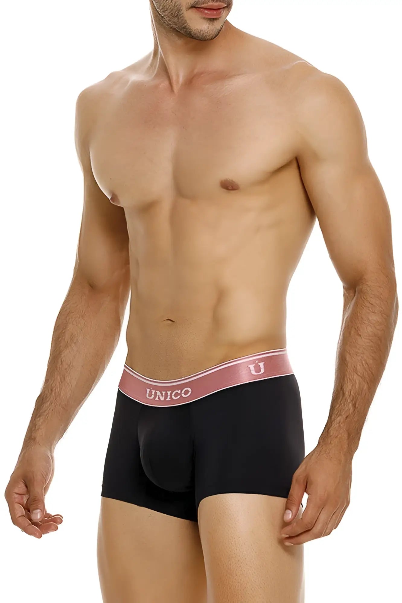 Black unico boxer briefs with pink waistband featuring unico brand name and logo model oro rosa trunks color 99-black