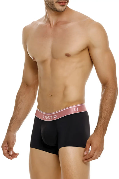 Black unico boxer briefs with pink waistband featuring unico brand name and logo model oro rosa trunks color 99-black