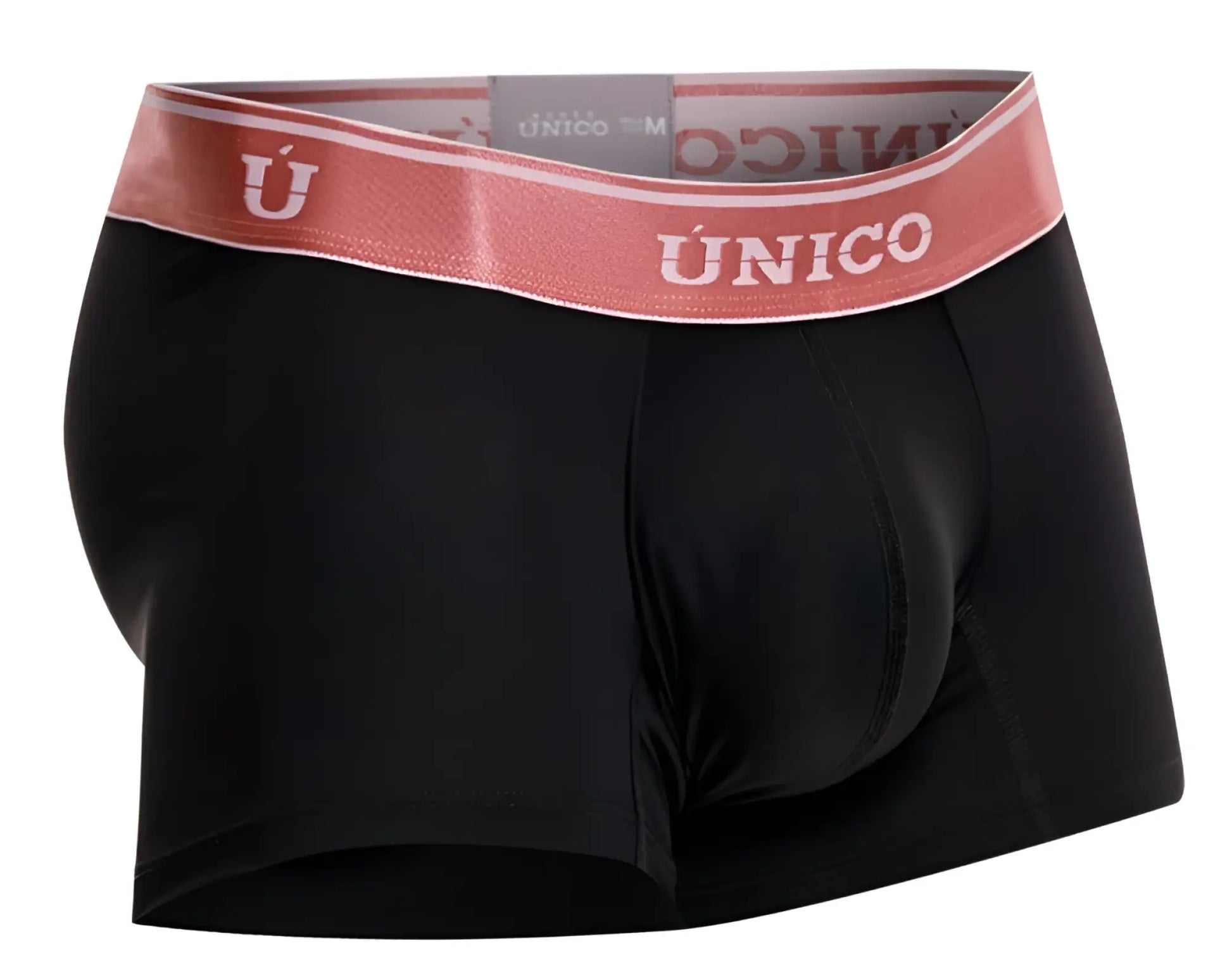Black unico men’s boxer briefs with pink waistband and white brand name oro rosa trunks color 99 black front view