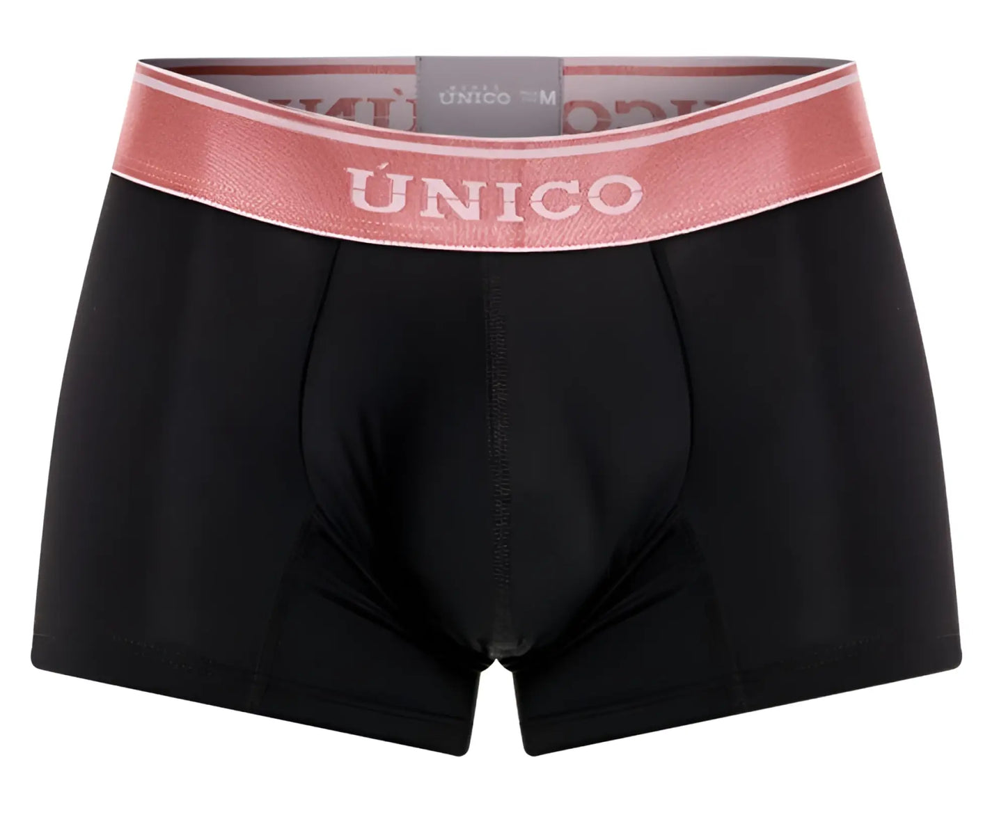 Black unico men’s boxer briefs with pink elastic waistband and white brand name in oro rosa trunks color 99-black