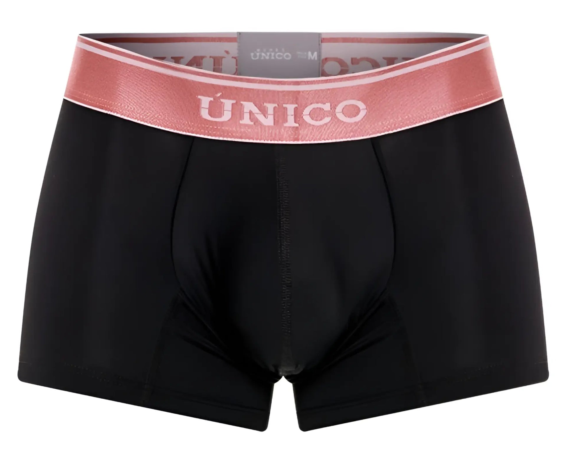 Black unico men’s boxer briefs with pink elastic waistband and white brand name in oro rosa trunks color 99-black