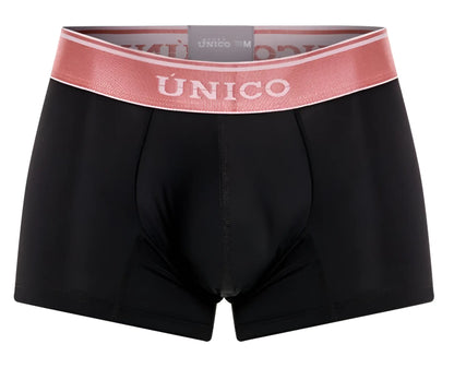 Black unico men’s boxer briefs with pink elastic waistband and white brand name in oro rosa trunks color 99-black