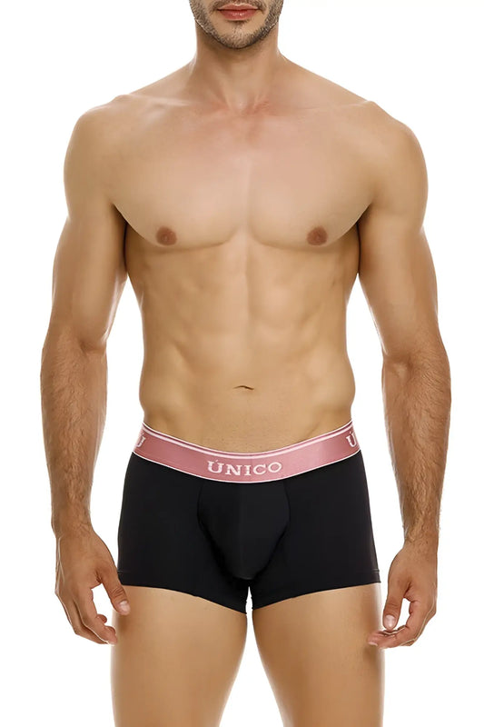 Black unico men’s briefs with pink elastic waistband featuring white brand name oro rosa trunks color 99-black